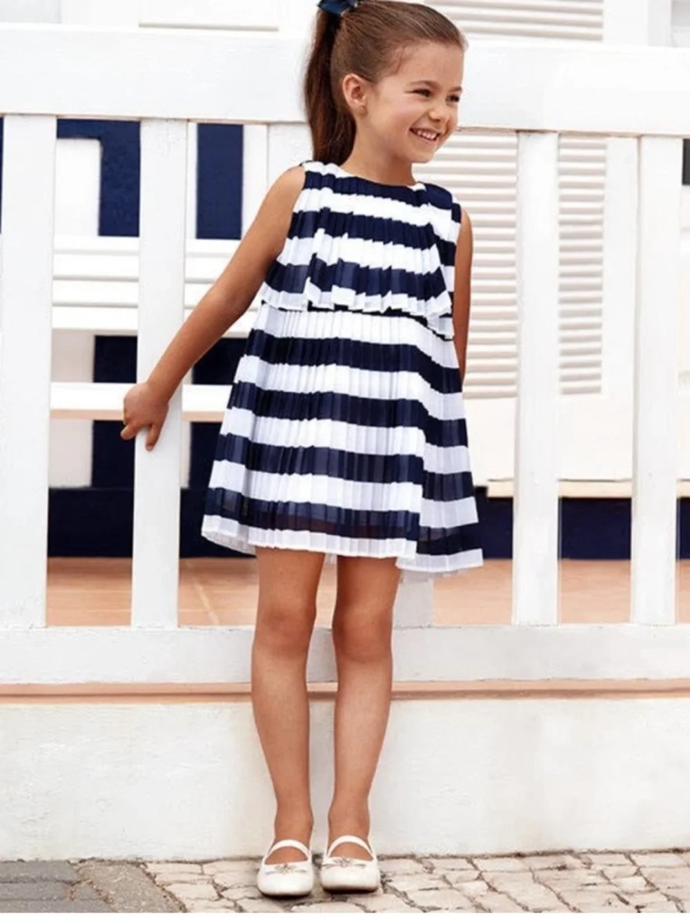 Mayoral Little Girl's Pleated Striped Dress Navy White Nautical Preppy Size 5